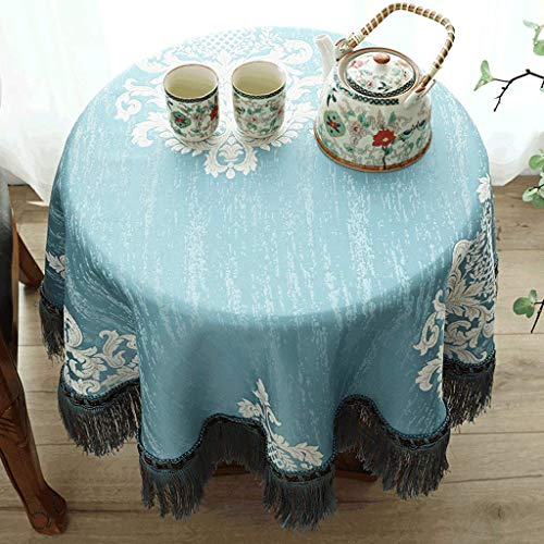 Nappe ronde brodée bleue de 180 cm pour table basse et repas de salon
