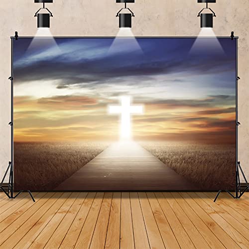 Renaiss 7x5ft Holy Light Cross Backdrop for Photoshoot Kids Christian Portrait Newborn Baptism Paradise Rosy Clouds Field Path to Heaven Photography Background Photo Booth Props Church Events Decor