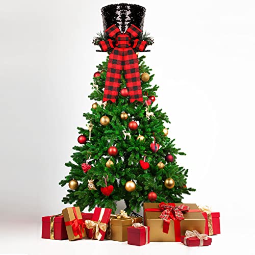 Whaline Christmas Tree Topper Hat Black Shiny Sequins Hat With Red Buffalo Plaids Bow 10.2 X 8.3 Inch Rustic Farmhouse Xmas Tree Top Ornament For Christmas Party Winter Holiday Indoor Outdoor Decor #TOP4