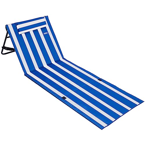 DeTeX® Strandliege Leicht Gepolstert Faltbar mit Rückenlehne Verstellbar Seitentasche Kissen Tragegurt Wetterfest Strand Strandmatte Liege Blau Weiß