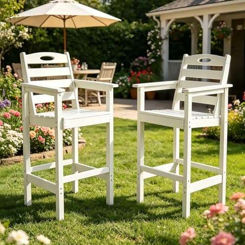 Image of Domi Barstools, Tall Adirondack Chairs Set of 2, Bar Height Outdoor Chairs | HDPE, Oversize, All-Weather, White