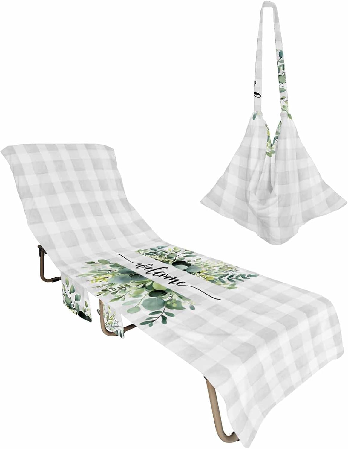 Plaid Eucalyptus Beach Pool Patio Lounge Chaise Chair Cover Towel With Pockets,Absorbent & Quick Dry Microfiber Towel Cover Bag Summer Accessories for Sunbathing Leaves Flower Watercolor Spring Summer