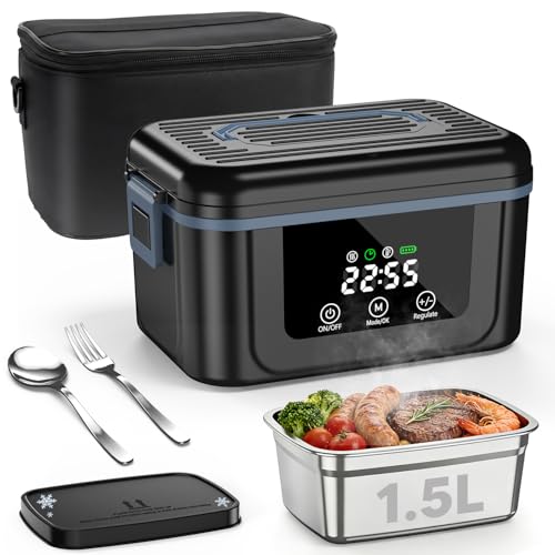 Elektrische Lunchbox mit Akku, 2026 Upgrade Electric Lunch Box mit Display & Eiskristallbox, 1,5L Wiederaufladbar Elektrisch Beheizbare Lunchbox Tragbare Heat Box für Arbeit/Auto/LKW/Büro/Reisen