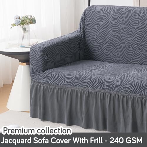 Image of HOKIPO 2 Seater Sofa Cover with Frill - 240 GSM Premium Jacquard Stretchable Fully Covered Slipcover, 'Serene Wave Series' Pewter Grey (AR-6353-GRY)