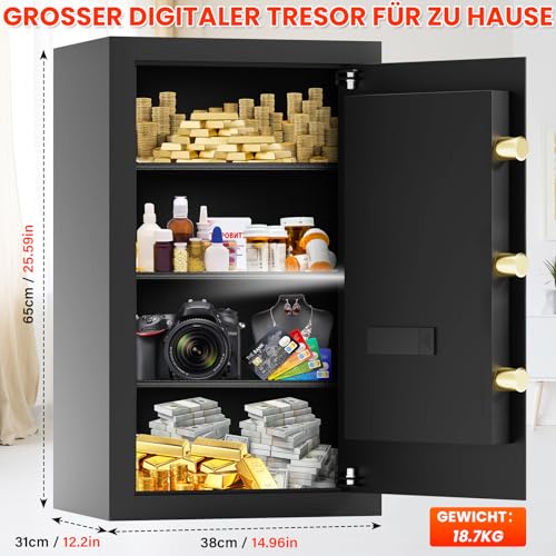 85L Großer Feuerfester Tresor mit Feuerfeste Dokumententasche, Digitaler Heimtresor mit Herausnehmbarem Regal, Möbeltresor Dokumente Gold Schmuck Wertsachen
