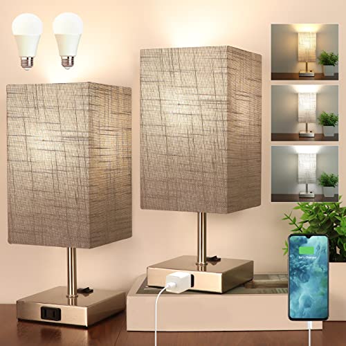 Dott Arts Small Table Lamp For Bedroom Set Of 2,2700K 4000K 5000K Nightstand Lamps With Ac Outlets，Minimalist Bedside Lamp With Square Shade,Night Light Lamp For Living Room Kids Room Office(Nickle) #TOP16