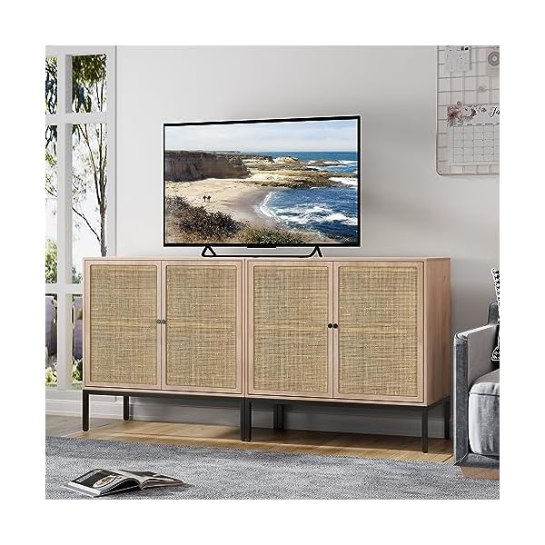 Brafab set of 2 sideboard buffet cabinet with storage 63 w large sideboard cabinet with natural rattan decorated doors rattan cabinet for living room entryway bedroom dining roomsquare doors  urban country home decor