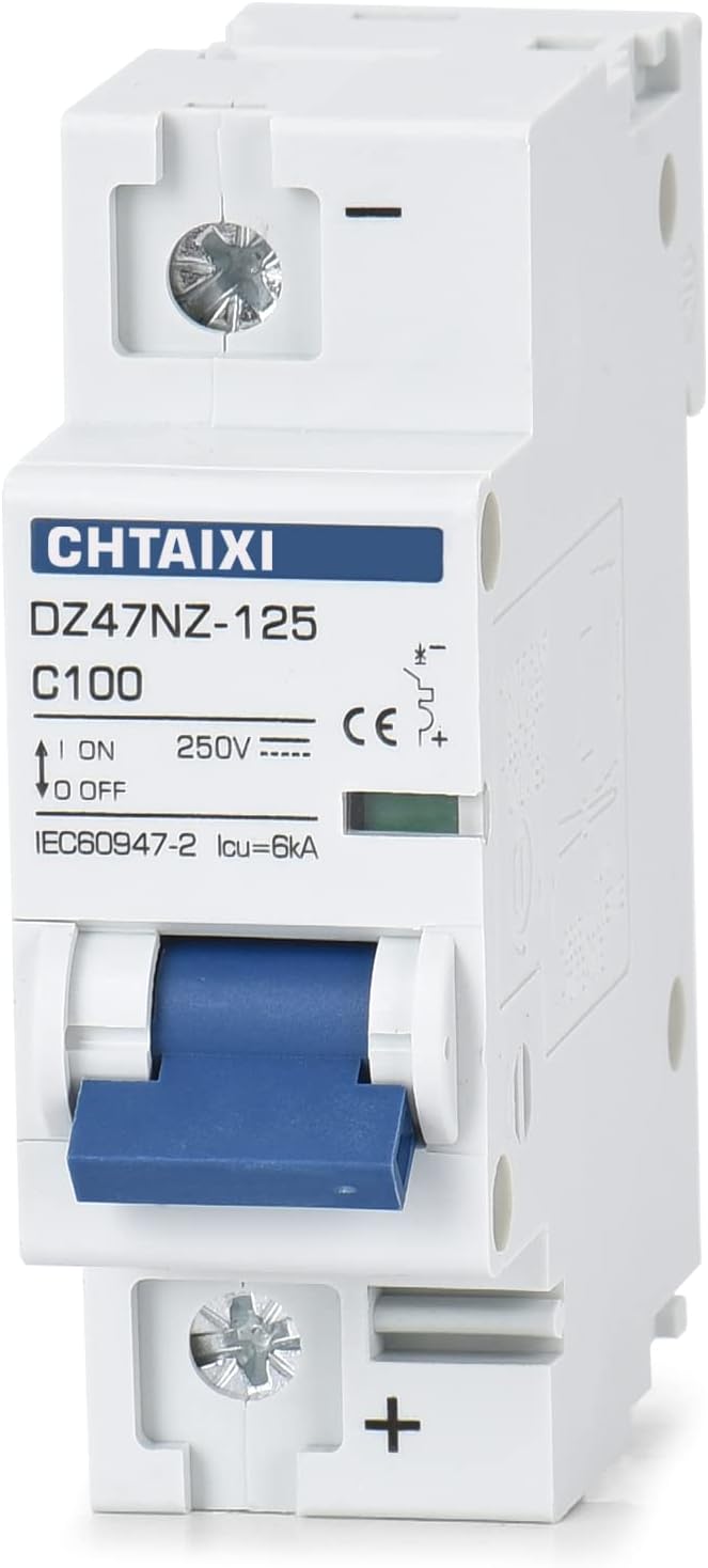 Chtaixi DC Miniature Circuit Breaker, 1 Pole 250V 100 Amp Isolator for Solar PV System, Thermal Magnetic Trip, DIN Rail Mount, High Current DC Disconnect Switch MCB 1P C100