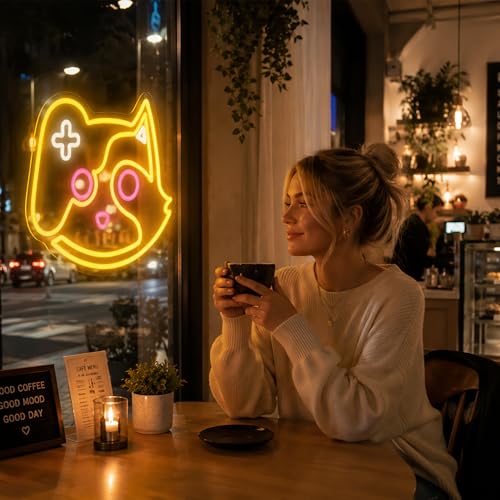 Image of Yellow Neon Sign Led Neon Lights Signs for Wall Decor USB Powered Led Signs for Room Decoration-Game Cat
