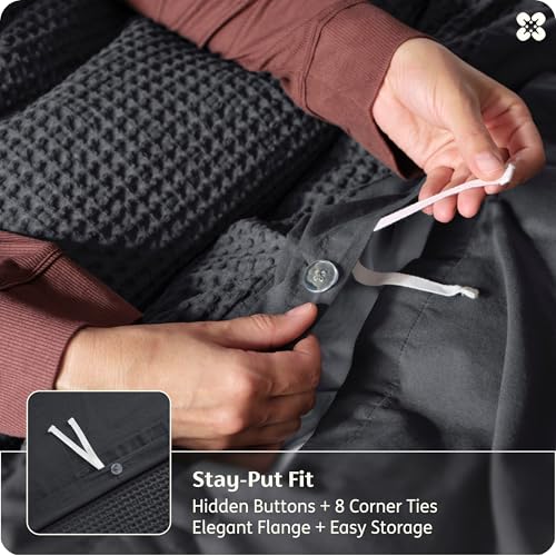 Image of Bedsure Cotton Duvet Cover King Size - 100% Cotton Waffle Weave Charcoal Duvet Cover, PureWoven Textured Breathable Bedding Comforter Cover for All Season, 1 Duvet Cover Only 104 inchx90 inch