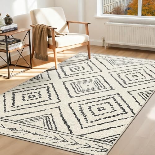 DEFYNEE Tapis de Salon Lavable en Machine 90x150cm Tapis antidérapant, Tapis de Chambre Style marocain pour Le Salon, l'entrée, la Chambre et la Cuisine, Noir & Blanc