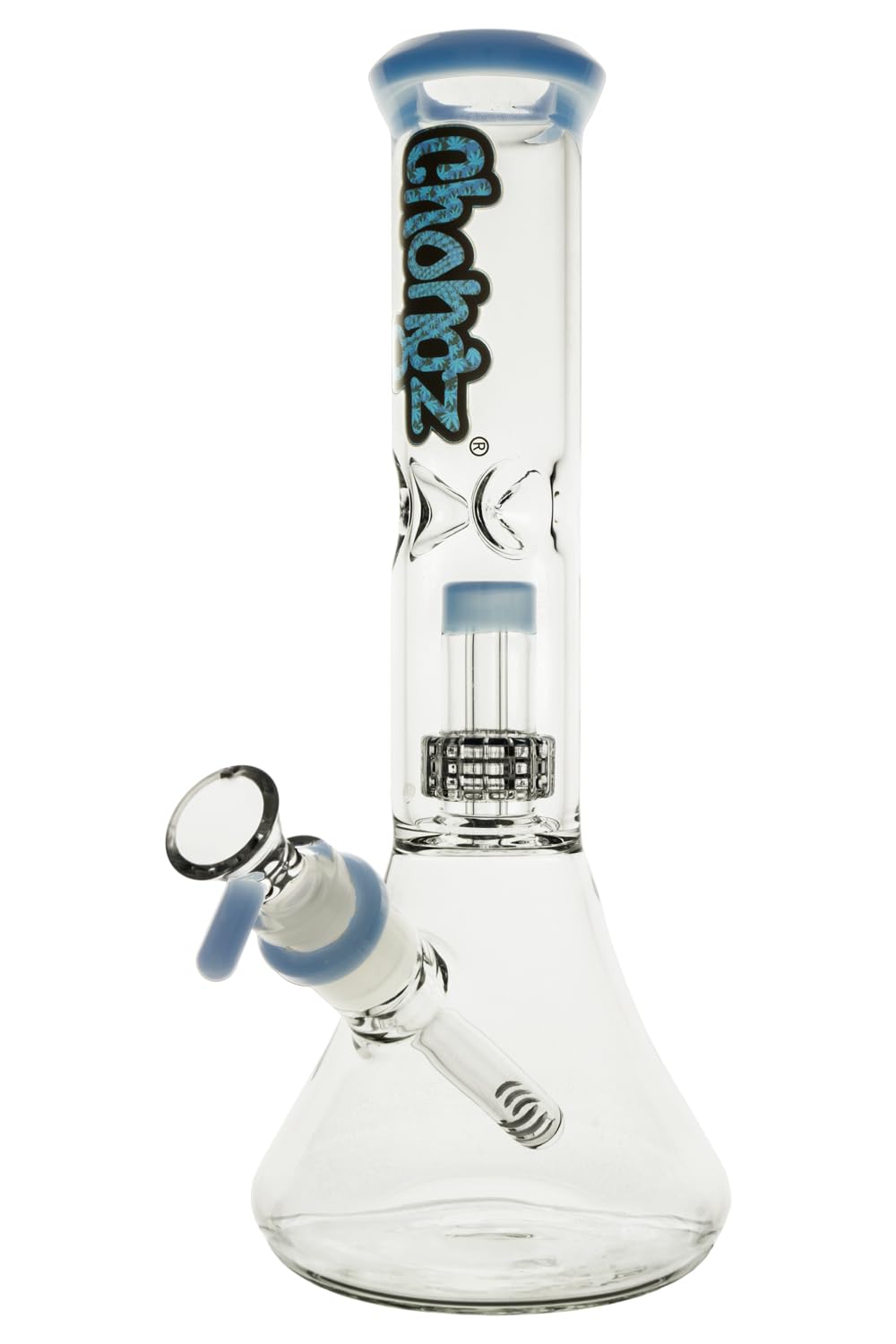 Chongz Pipa de agua de vidrio "Bandit" de 4 mm y 27,5 cm, percolador integrado para dibujar más suaves y limpios, recogedor de hielo para refrigeración adicional opcional con cubitos de hielo (azul