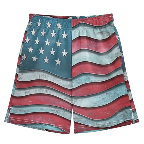 DOMIKING Wavy Flag Red Kids Shorts Pull-on Boys Shorts with Elastic Waist Casual Athletic Pants for Summer Playwear