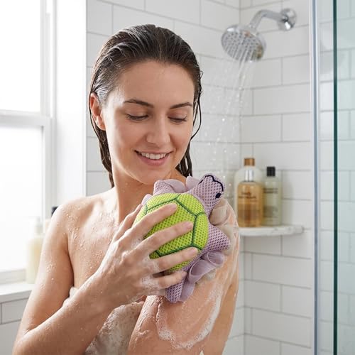 Image of Luxe Home International Bath Sponge For Kids And Adult Microfibre Soft Shower Loofah Turtle Pattern Gentle Skin Exfoliating Body Scrubber For Toddler Green 15x17cm Pack Of 1