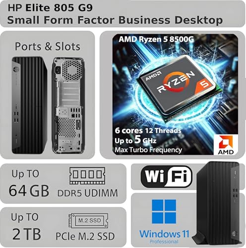 Image of HP Elite 805 G9 SFF Business Desktop Computer, AMD Ryzen 5 8500G, 32GB DDR5, 1TB PCIeSSD, Radeon 740M Graphics, Dual 4K Display Support, USB-C, HDMI, RJ-45, Wi-Fi, Wired KB & Mouse, Win11 Pro