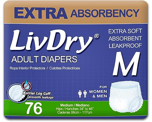 Image of LivDry Adult Incontinence Underwear, Extra Absorbency Adult Diapers, Leak Protection, Medium, 76-Pack