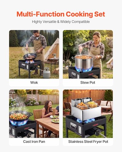 Image of VEVOR Single Burner Outdoor Propane Gas Stove, 200,000 BTU Propane LPG Gas Camping Stove, Heavy Duty Carbon Steel Outdoor Cooker, with Shield & 20 PSI Regulator, for BBQ Camp Home Patio Seafood Boil