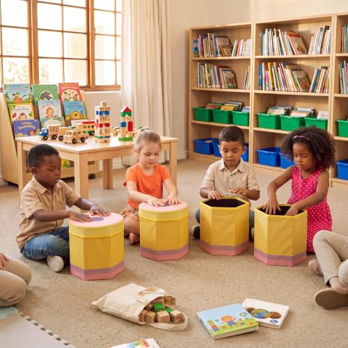 SiliFine 4 Pcs Pencil Fabric Storage Stools 11.8 x 11 Inch Folding Storage Bins Cute Collapsible Seat for Children Classroom Back to School Treasure Prize Box End of Year Organization (Yellow) - Image 2