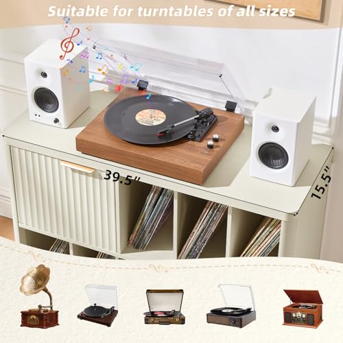 Image of LEYAOYAO Large Record Player Stand with Vinyl Storage Up to 450 Albums, Wood Fluted Record Storage Accent Cabinet, Modern Stereo Media Cabinets, Wide Turntable Stand for Living Room, Antique White