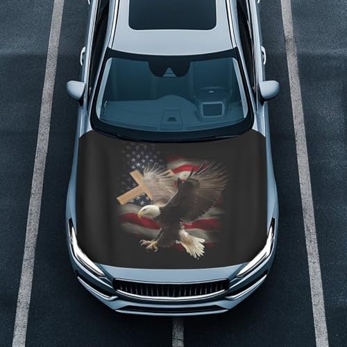 Image of Car Hood Cover Eagle American Flag Print Car Hood Wraps Waterproof Auto Exterior Accessories Elastic Polyester Auto Banner for Compact Sedans SUV Trucks Van (59x39 Inch)