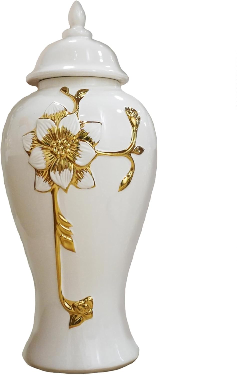 Vase Tabletop Gold Flower Ginger Jar White Ceramic Decorative Modern Decor Accent