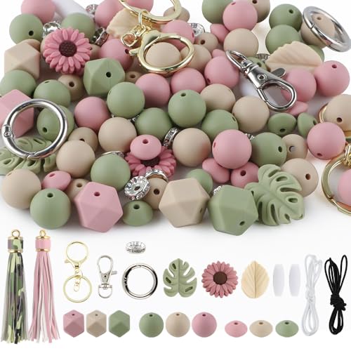 Lovyomi 119Pcs Green 12mm 15mm Silicone Beads for Keychain Making Leaf Sunflower Flower Silicone Focal Beads for Pens Breakaway Clasps Tassels Keychains for Lanyard Making DIY Accessories