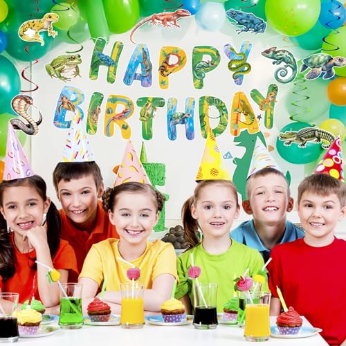Image of Hooqict Reptile Birthday Party Decorations Reptile Swamp Happy Birthday Banner and 15 Pcs Hanging Swirls Safari Animals Lizard Snake Alligator Turtle Party Favors Supplies