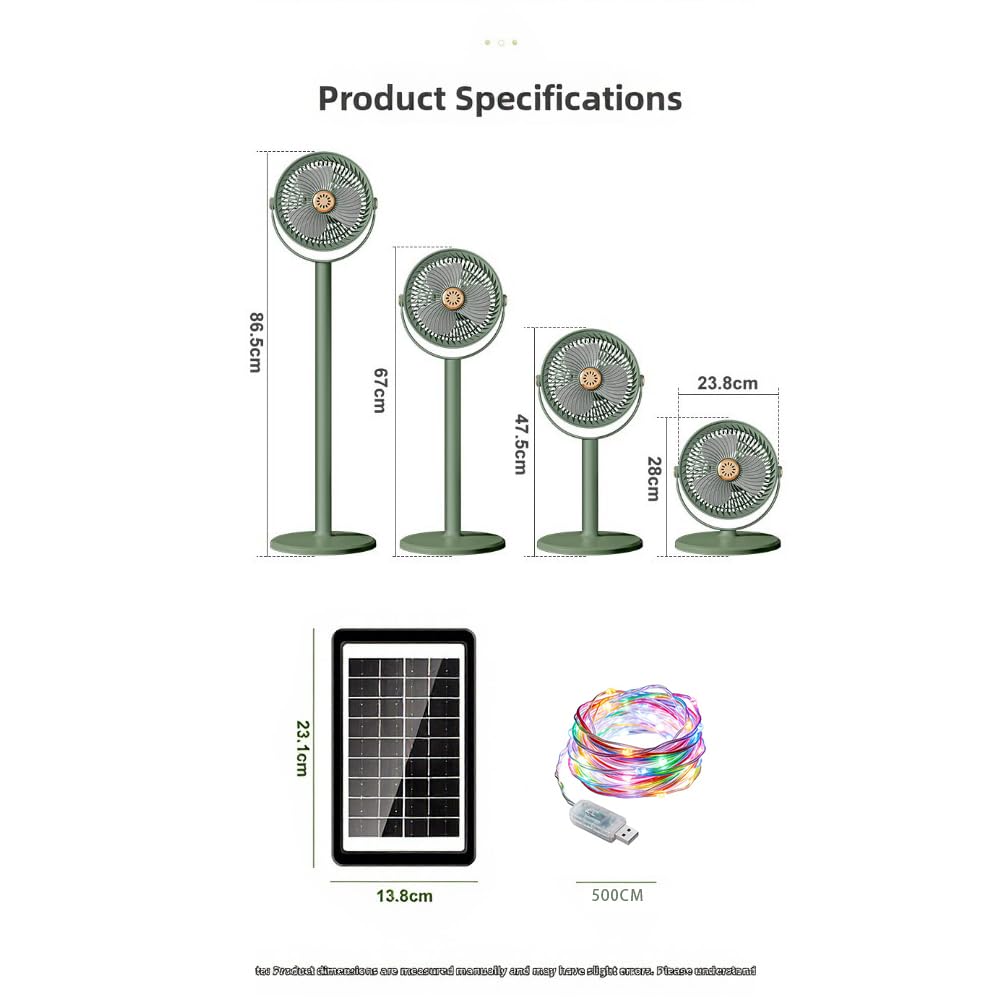 Ventilatore Solare Ricaricabile da Terra con Batteria da 4000 mAh, 5 velocità, Regolazione a 360°, RGB per Illuminazione per Uso Esterno e Interno (Nero)