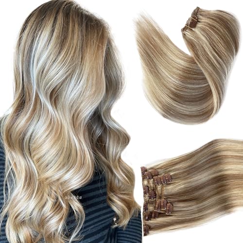 Image of Clip in Hair Extensions Ash Brown Mixed Platinum Blonde Highlights Hair Extensions Real Remy Human Hair Clip ins,16 Inch 70G 7 Pcs Double Weft Human Hair Extensions Clip in Hair Extension for Women