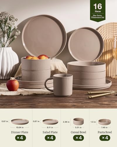 Image of Famiware Star Stoneware Dinnerware Sets with Pasta Bowls, 16pc Dishes for 4 | Ceramic Flat Plates and Double Bowls. Chip & Scratch Resistant. Microwave & Dishwasher Safe, Everyday Dining, Cinnamon Brown