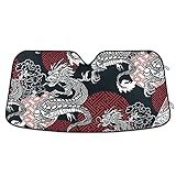 Dragon Card Kimono Japanese Chinese Oriental Red Black White Auto Car Front Sunshade Windshield Automobile Window Foldable Visor Vehicle Blocker UV Rays Heat Screen Protector Cover