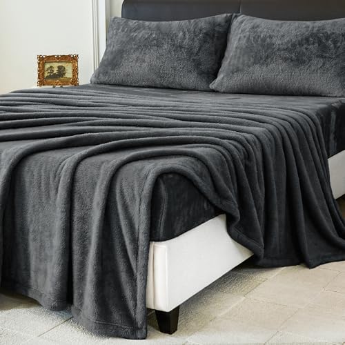 HCORA Faux Fur Queen Sheet Set, Luxury Soft Fleece Bed Sheets, Fluffy Plush Velvet Sheets Fuzzy Bedding Sheets for Fall and Winter, Cozy Warm, No Shedding, 4PC, Dark Grey