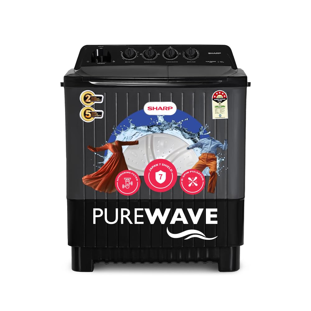 SHARP 7.5 kg, 5 star Rating with E-Spin Pulsator,Semi-Automatic Top Loading Washing Machine, 1300 RPM (ES-SD75NB-TS, Steel Grey, Pure Wave)-picture-10