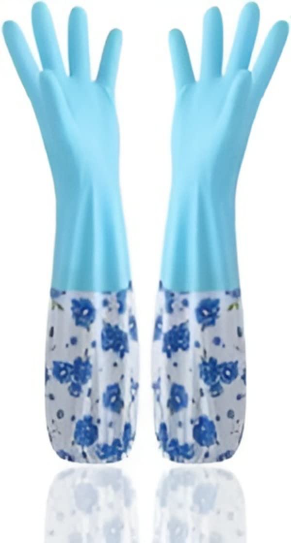 Reusable PVC Flock Lined Hand Gloves for Kitchen Dishwashing During Winters, Free Size, Elbow Length, Wet and Dry Glove (Pack of 1 Pair)