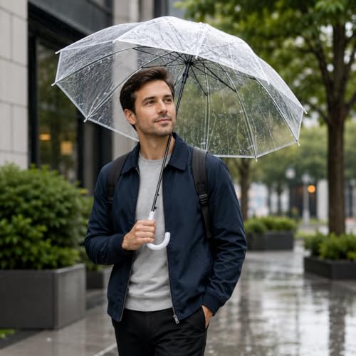 Image of Transparent Clear Umbrella for Rain & Wind - Large Waterproof Windproof Stick with J Handle for Men & Women, Stylish Rain Protection for Travel, Outdoor Events & Daily Use (Pack of 1)