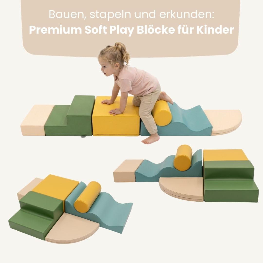 IGLU SOFT PLAY 6er Softbausteine Set für Kinder – XXL Kletterbausteine & Schaumstoff-Bausteine – Abenteuerlandschaft, Hindernisparcours & Motorikspielzeug Explorer (Pastel Sea)