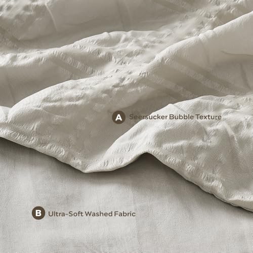 Image of JELLYMONI Seersucker Duvet Cover Set King, 3pcs Oatmeal-Grid Polyester | In Spacious Master, Couples & Pets, Crinkled Texture, Oeko-Tex Certified, 8 Corner Ties & Hidden Zipper
