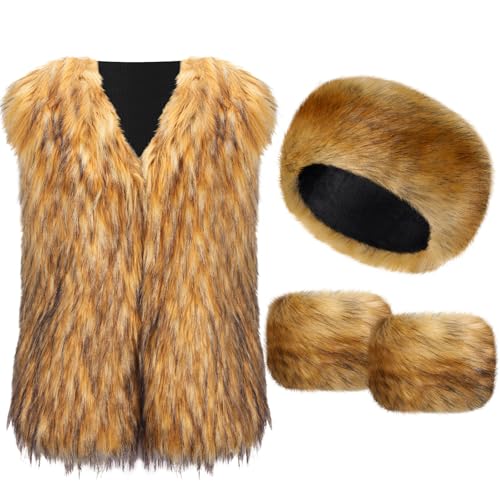Chicingyou 3 Pcs Faux Fur Vest Set Furry Wrist Cuffs Headbands with Stretch Women Sleeveless Open Front Fluffy Short Vests Faux Fur Winter Earwarmer Earmuff Arm Warmer