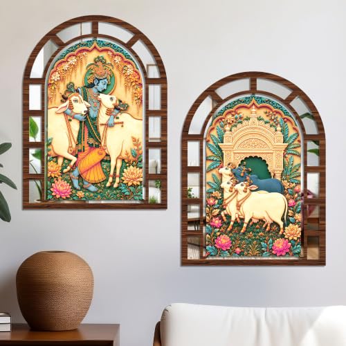 Image of Artvibes Shri Krishna with Cows & Floral Theme Artistic Wall Decor | Decorative Wall Jharokha Mirror for Living Room, Bedroom, Hall, Pooja Room, Lobby & Dining Space | Gift (WHJ 12036N), Set of 2
