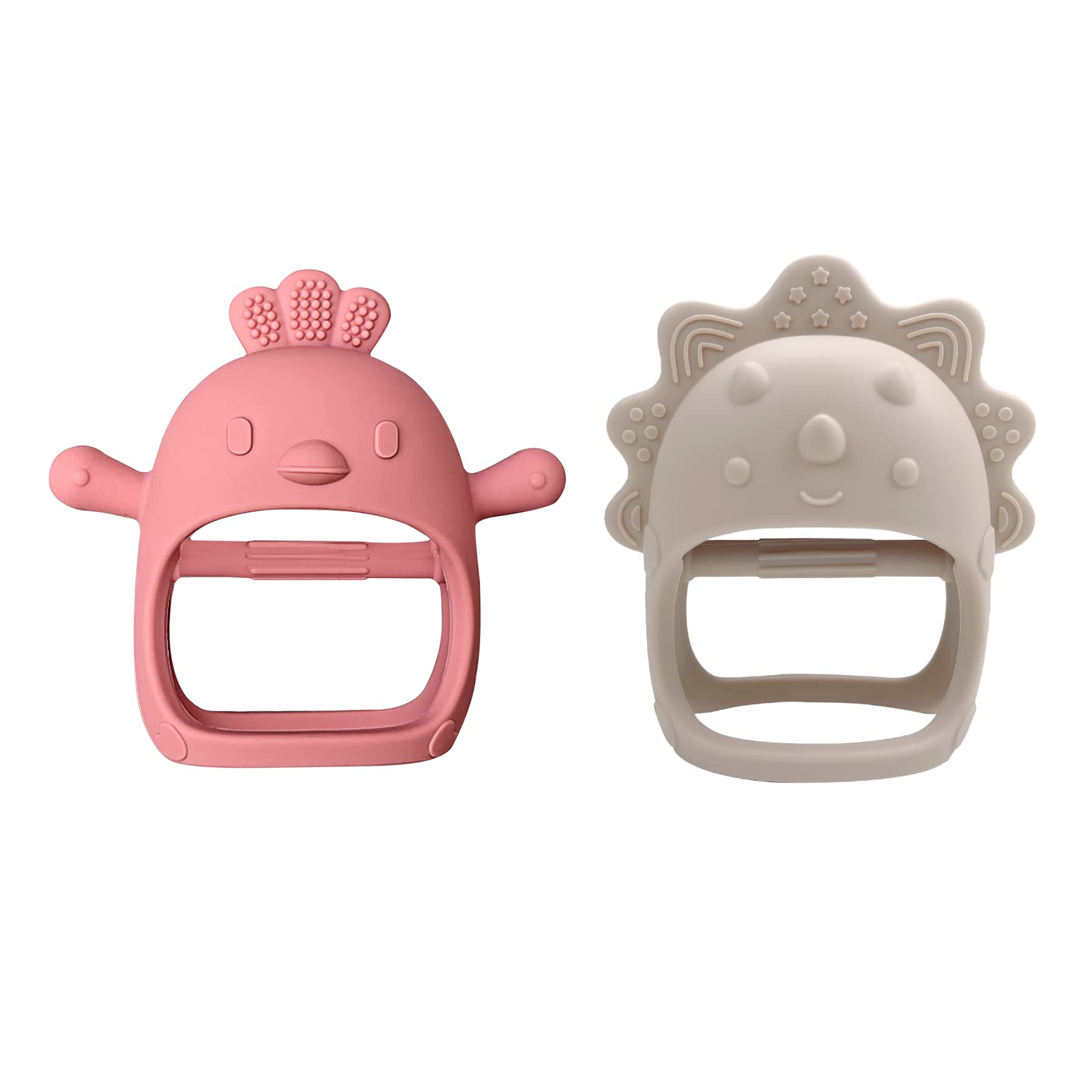 JUSONEYBaby Teethers, 2 Packs Anti-Drop Silicone Teething Toys for Infants 12+ Months, Baby Teething Gloves 3D Chicken and Triceratops Shape Prevent Finger Sucking for Breast Feeding Babies