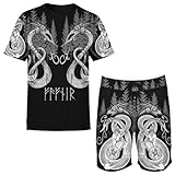 Lightweight Viking T-Shirt and Shorts Set for Men, Norse Summer Streetwear with Tribal Symbols and Warrior Design(Fafnir Dragon,XX-Large)