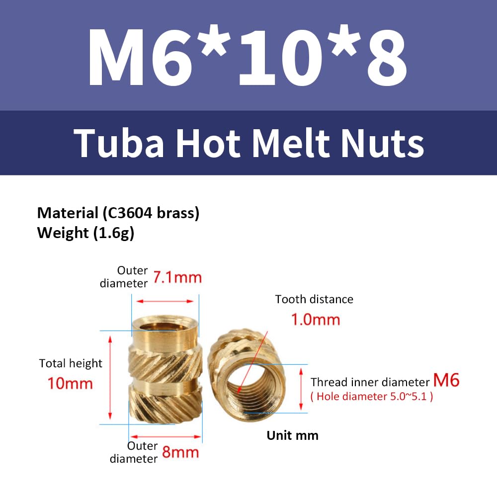 Threaded Insert, Pack of 50 M6 x 10 x 8 mm C3640 Brass Heating Insert, Press-in Nut - Image 2