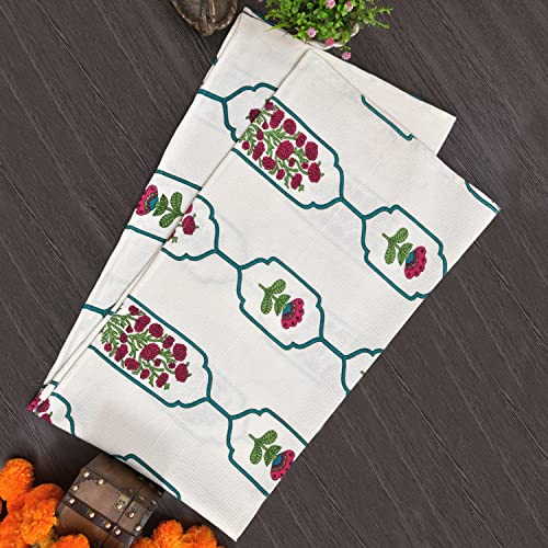 Image of Mafatlal Madhuban Cotton Waffle Towel Set (1 Bath 147x76 cm + 4 Hand 76x38 cm) | 250 GSM | High Absorbent Hand Block Print | Samba Color