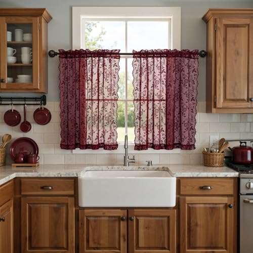Short Burgundy Lace Curtains Rustic Leaf Floral W42 x L45 Inch 2 Panels