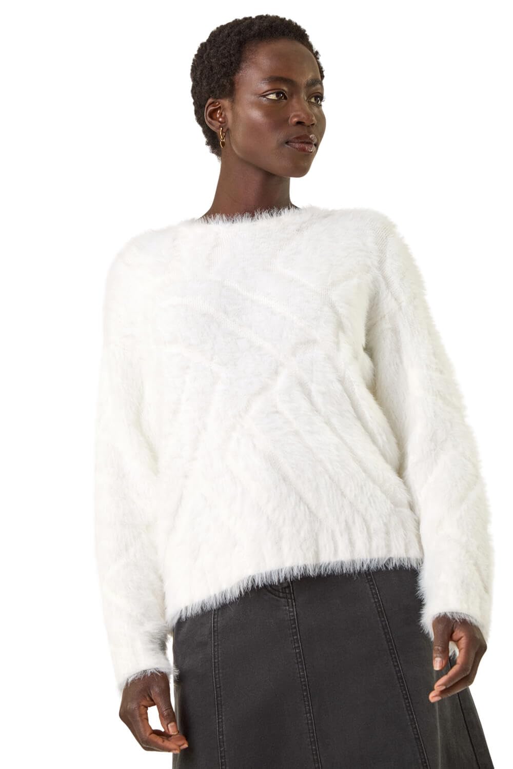 Roman Originals Women's Ivory Fluffy Stripe Knit Jumper For Uk - Everyday Autumn Winter Crew Neckline Comfy Soft Evening Vacation Work Party Night Out - Size 14