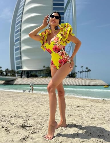 FLAXMAKER Shoulder Three-Dimensional Ruffles Colorful Flower Print Women's One Piece Swimsuit and Skirt3