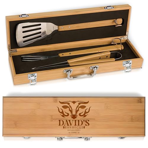 The Flame - Personalized BBQ Tool Set - 3 Utensils + Bamboo Box -...