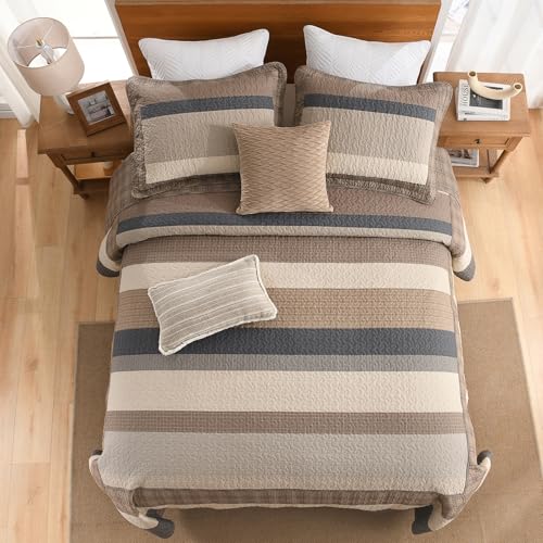 Image of EWlinens Oversized King Bedspread Set 120 inchx120 inch - 100% Cotton Extra Large Quilts King Size, Farmhouse Patchwork Striped Plaid Bedspreads with 2 Pillow Shams, All Season, Dark Brown /Beige /Gray