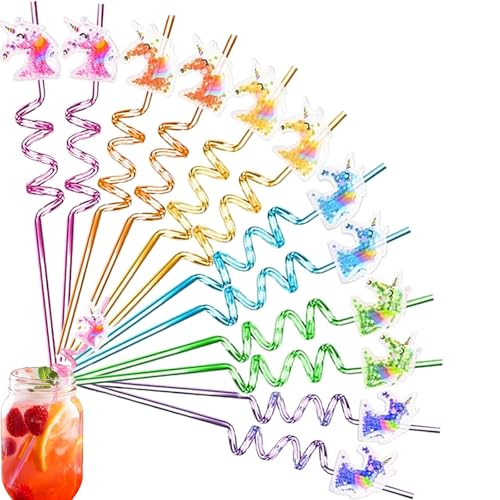 CHUANFU 12 Pièce Licorne Pailles Enfants Reutilisables, Pailles Spirales Colorées, Straws Plastique Enfant pour Jus, Lait, Décorations de Fête D'anniversaire