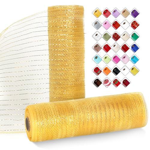 ICOSHOW 2 Rolls Mesh Ribbon for Wreaths 10 Inch x 30 Foot Wreath Mesh Rolls with Metallic Foil for Easter Christmas Party Wedding Home Decor DIY Craft Projects and Gift Wrapping(Gold)